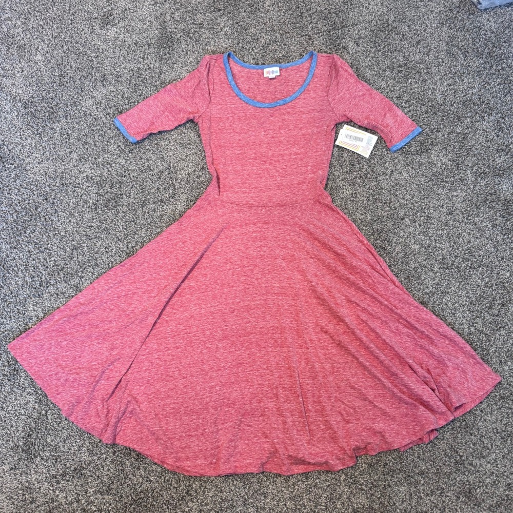 NWT LuLaRoe Nicole Dress Heathered Salmon with Blue Women's Size XS Cotton Blend